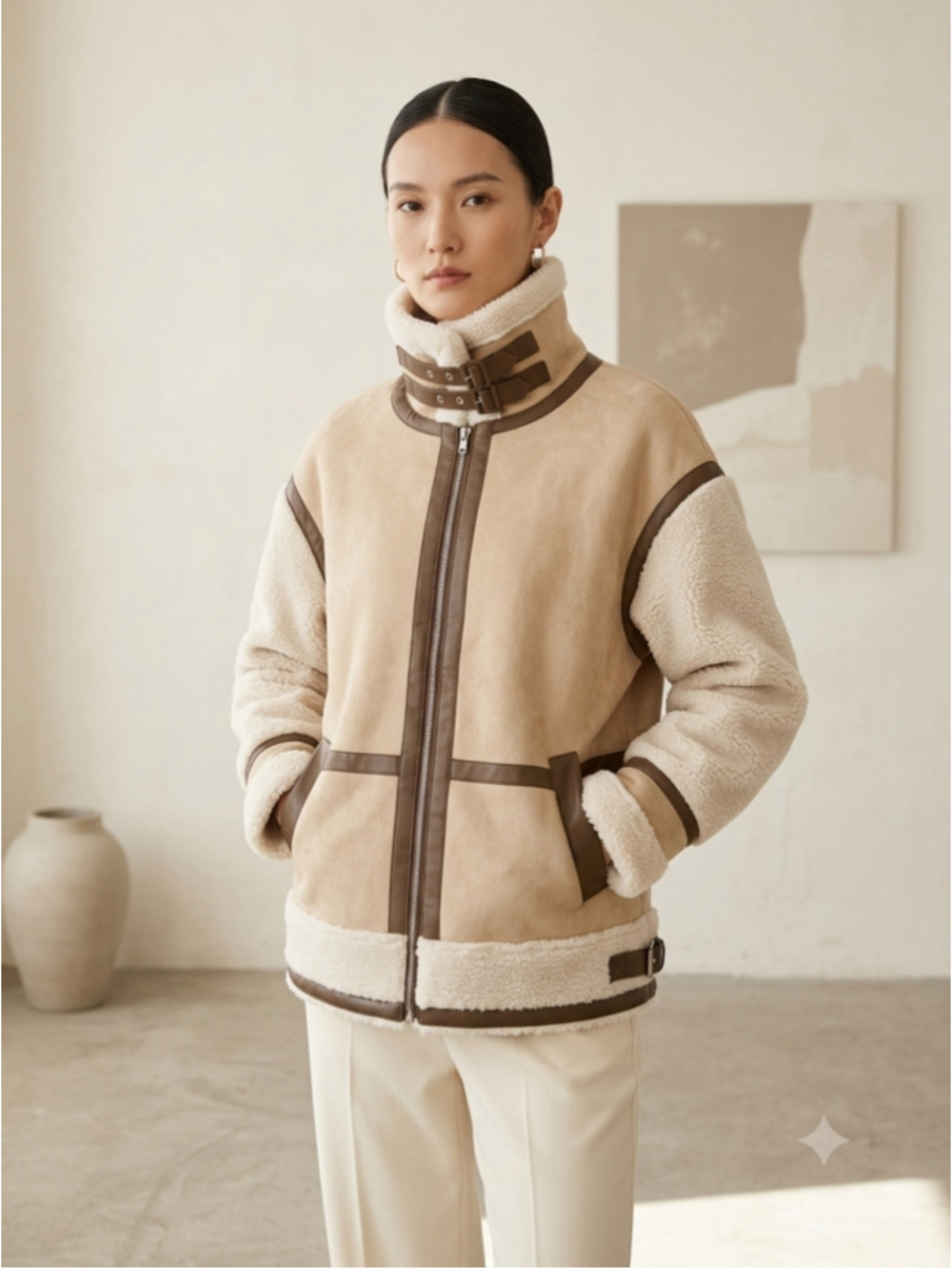 VICI Exclusive Sherpa Aviator Jacket Beige Suede Faux Leather Trim XS NWT Cozy